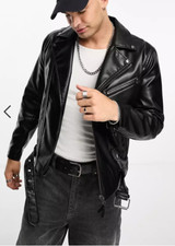 Pull&bear Faux Leather Biker Jacket In Black