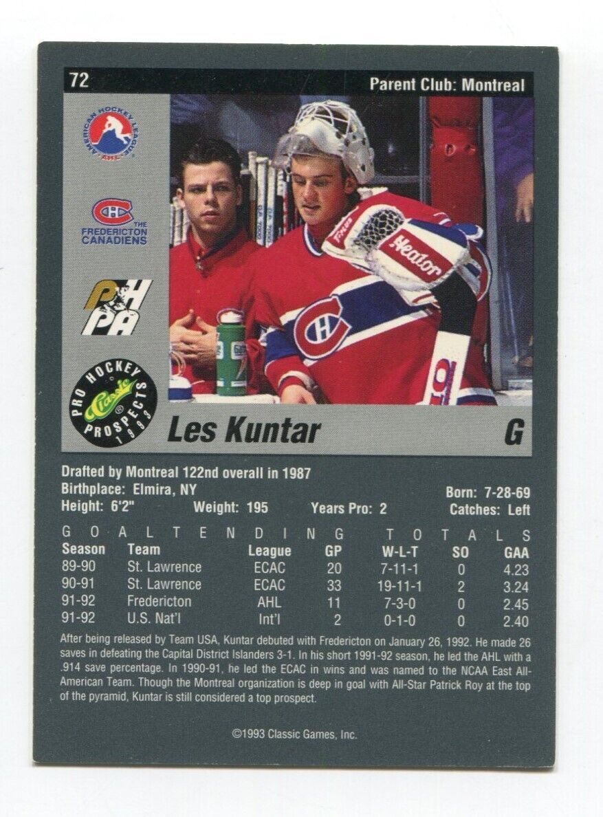 1993 Classic Pro Prospects Les Kuntar Signed Card Hockey NHL
