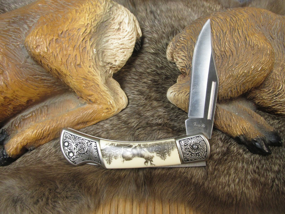 FURY # 88062.(SCRIMSHAW) JUMPING BUCk (LOCKBACK BLADED HUNTING