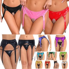 UK Womens Wetlook Shiny Metallic Garter Belt Thigh High Suspender Belts Lingerie