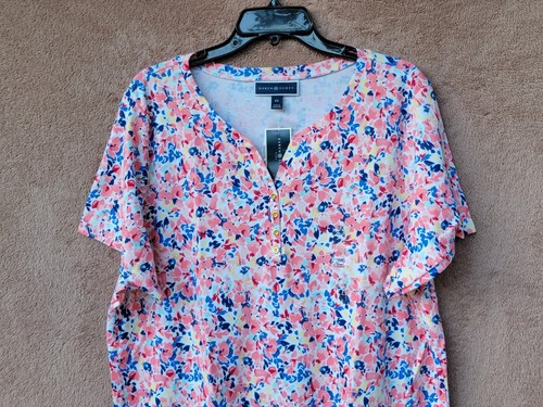 *NUOVO* Karen Scott divertente colorato floreale bianco top collo Henley manica corta - nuovo con etichette - Foto 5 di 23