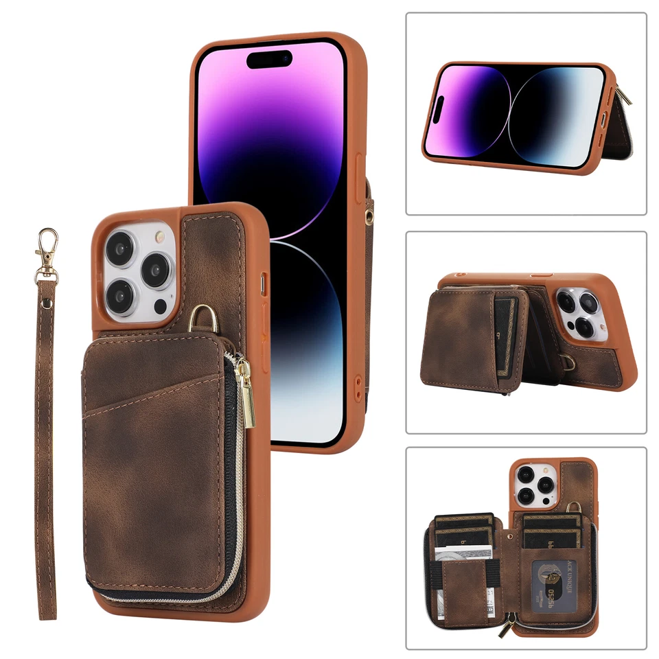 Funda Bandolera con Soporte de Cuero con Bolsillo con Cremallera para iPhone 15 Pro Max 14 13 12 11 Foto 3 de 4