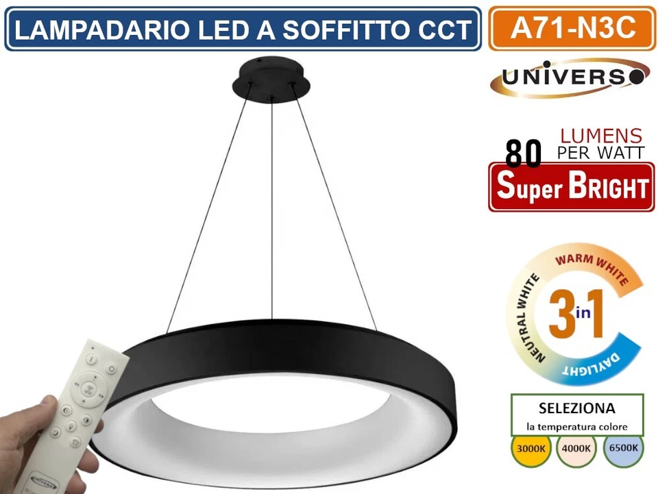 LAMPADARIO LED SMD A SOSPENSIONE DESIGN CIRCOLARE 43W COLORE NERO CCT 3IN1. - Immagine 2 di 4