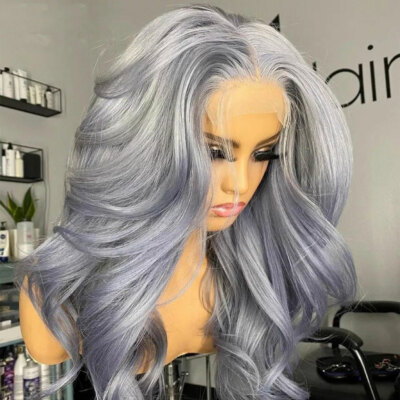 Silver Grey Lace Front Wigs  Body Wave Wig Dark Gray Long Wavy Synthetic Hair US