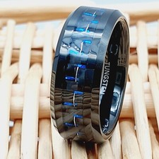 Black Tungsten Ring for Men Comfort-Fit Wedding Band Blue Carbon Fiber Inlay