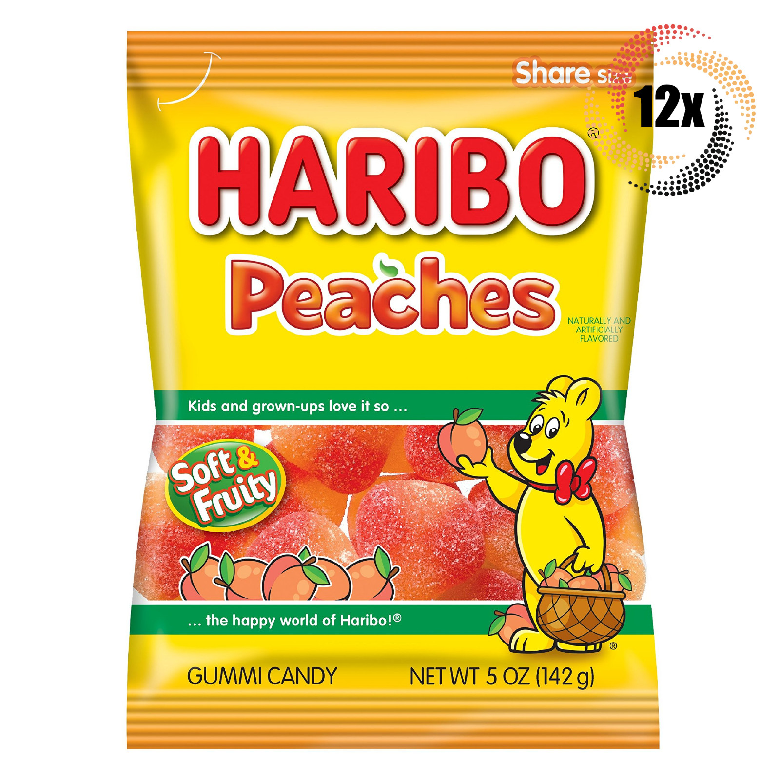 12 пакетиков обезжиренных мармеладных конфет Haribo Peaches с мягким фруктовым вкусом 5 унций 7490₽