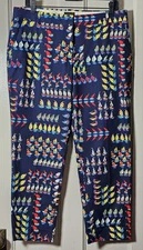 J Crew Pants Women Size 10 33x26 Navy Blue Capri Chino SailBoats Nautical Flags