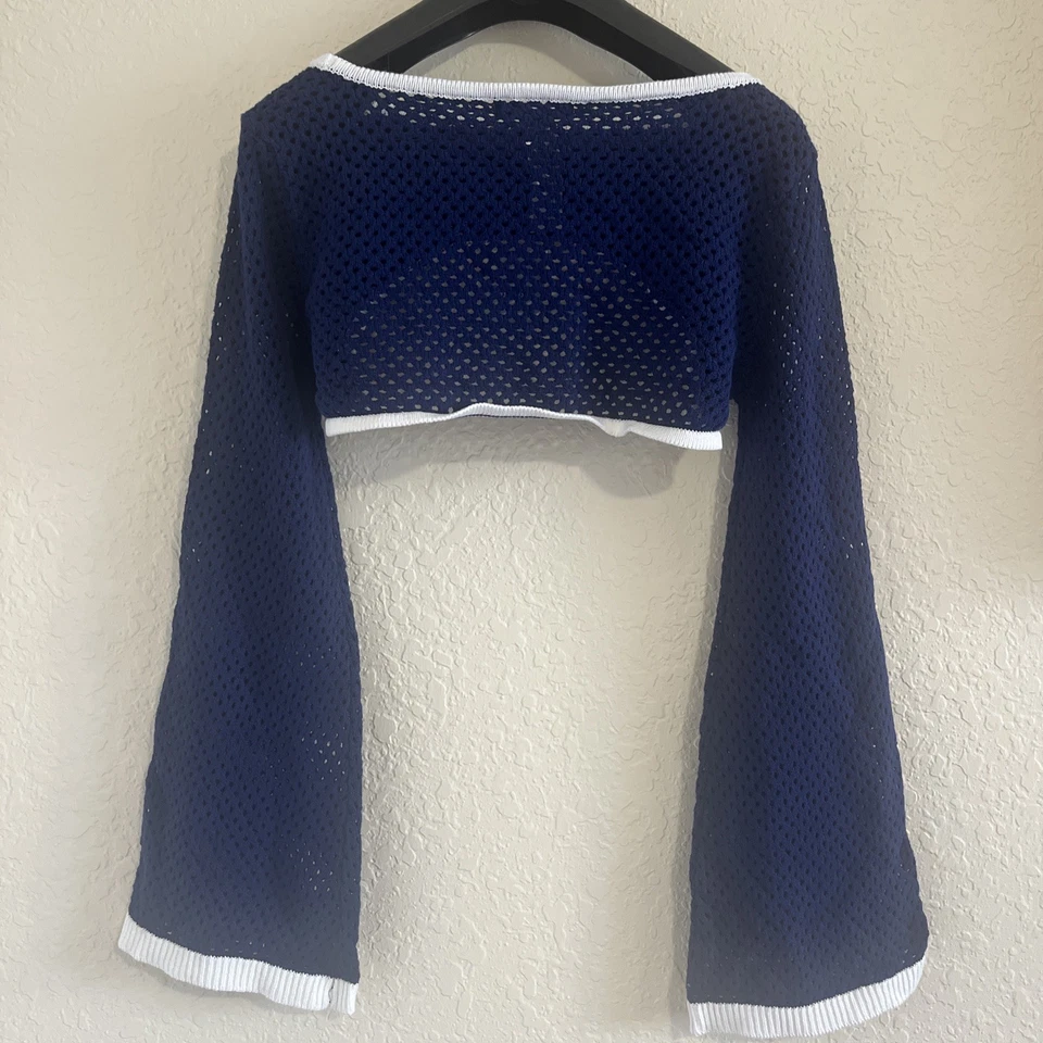 Forever21 Mujer Azul Marino Crochet Malla Hueca Recortada Tejido Manga Larga Campana M Foto 3 de 4