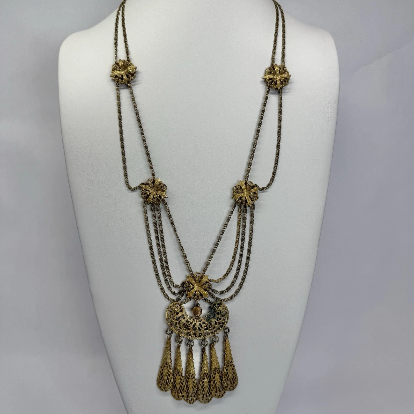 Etruscan Revival Ornate Brass Filigree Dangle Vintage Necklace Jewelry N233