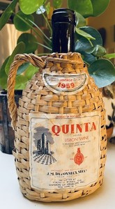 Vintag 1959 Quinta Lisbon Wine Portugal Wicker Wrapped Empty Glass Wine Bottle