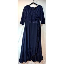 Mother of bride/groom Navy Blue Lace V-Neck Ruffle High Low Evening Gown Sz L