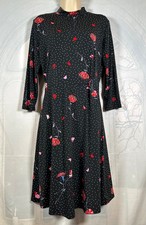 Warehouse black & red vintage floral high-neck 3/4sleeve flared tea dress, 12