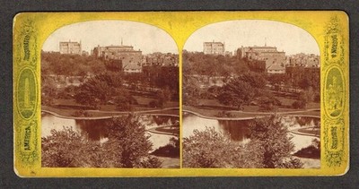 b458, America Illustrated Stereoview, # -, Pond in Public Garden, MA, 1870s