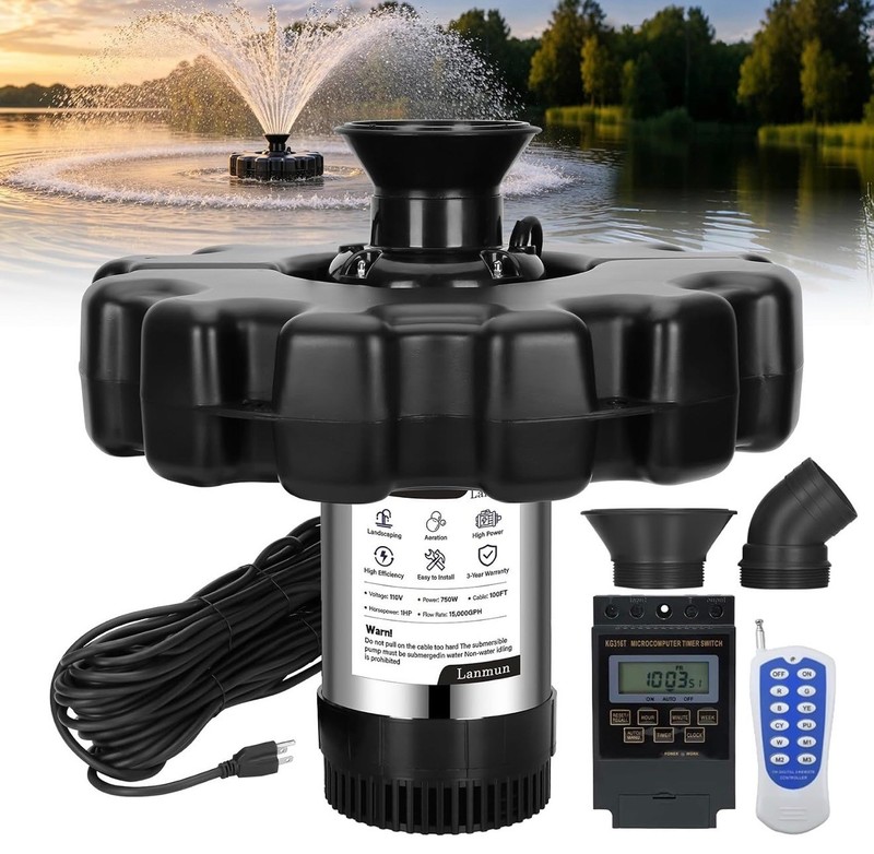 Lanmun Pond Fountain Aerator, 1HP 110V 750W 15000 GPH Fountain Pump with Timer