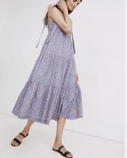 Madewell Midi Dress L Floral Blue Tie Strap Tiered Cottagecore Prairie Croquette