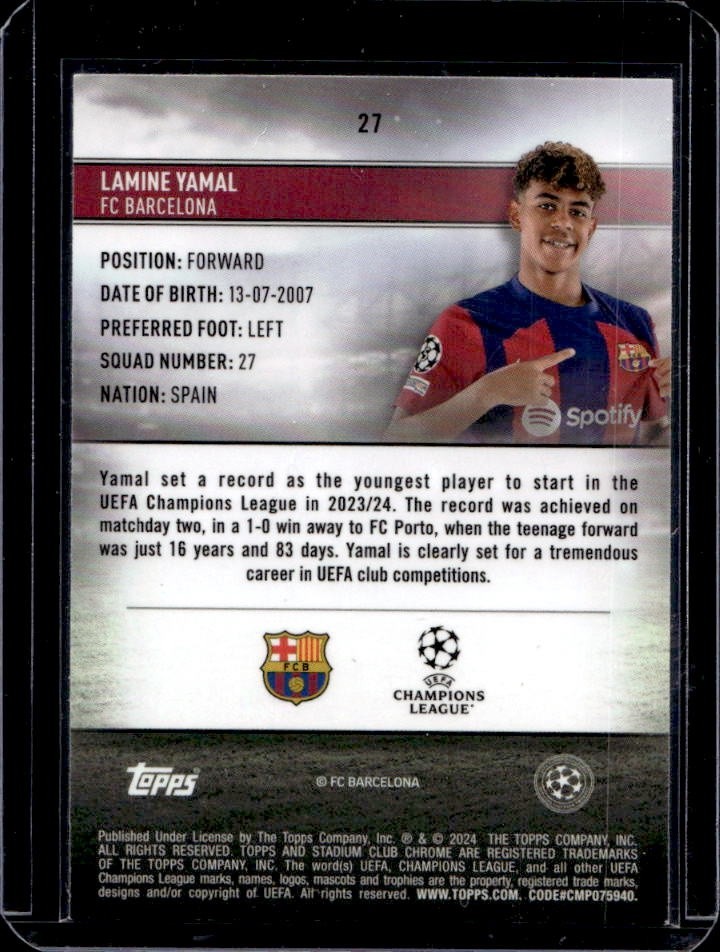 2023-24 Topps Stadium Club Chrome UEFA Lamine Yamal Rookie RC #27 Barcelona view 2