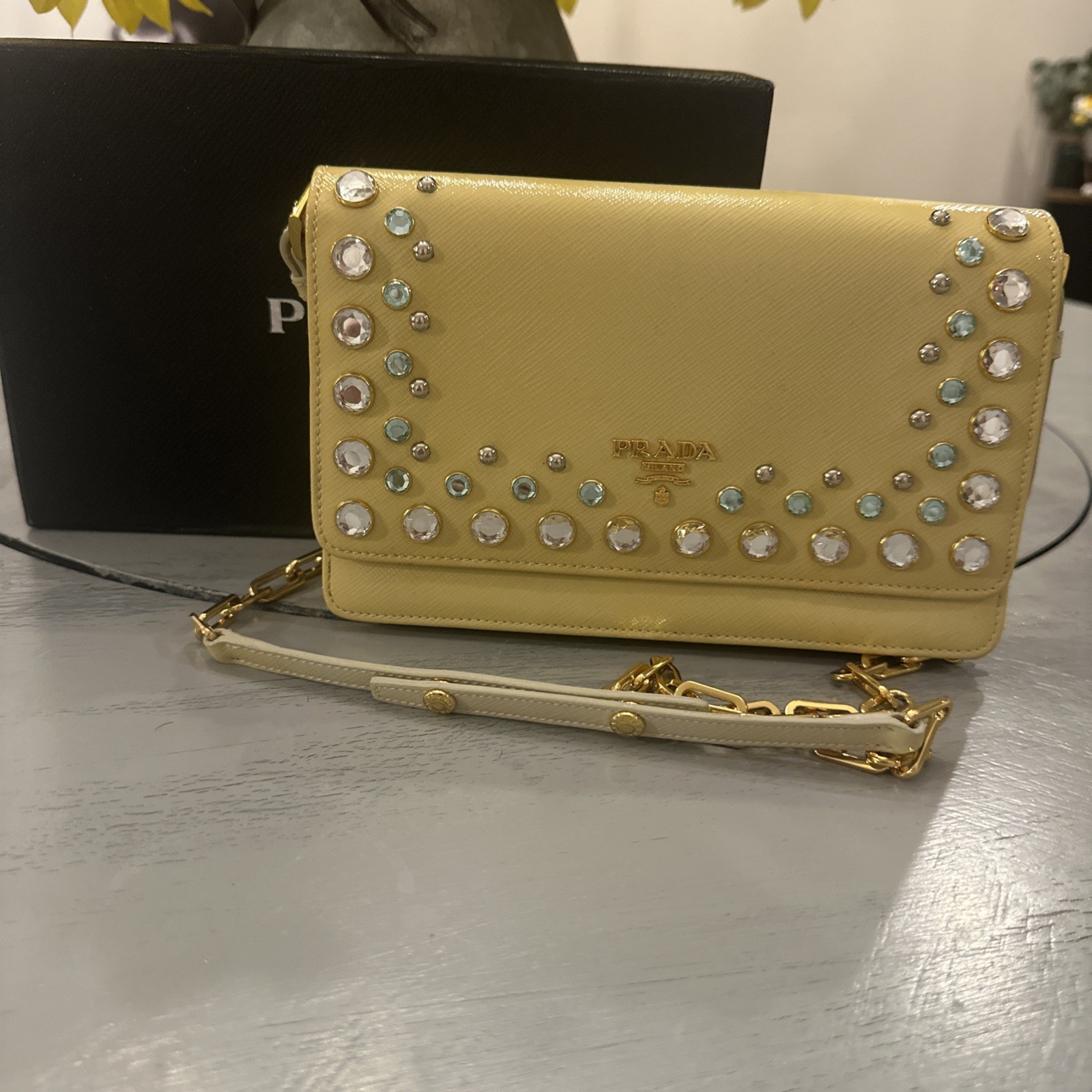 Prada Saffiano Lux Leather Chain Shoulder Bag Yellow With Rhinestones