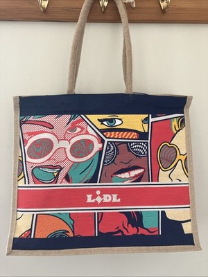 Rare LIDL Pop Art Colorful Comic Natural Jute Eco Tote Beach Shopping Bag 18x15