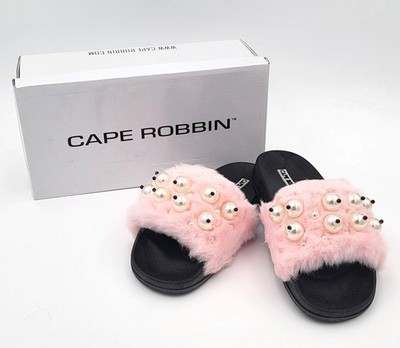 Cape Robbin Moira Women Slip On Skids Sandal Size 5 Pink Faux Fur & Pearl Accent