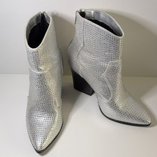 Soda Women's Silver Rhinestone Ankle Western Boots Pointed Toe Size 7