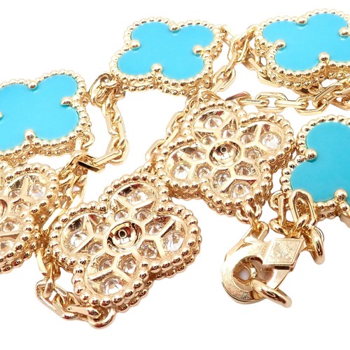 Van Cleef & Arpels 18k Yellow Gold 20 Motif Alhambra Diamond Turquoise Necklace - Picture 14 of 18