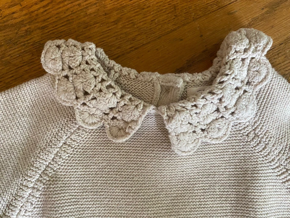 Бежевый следующий вязаный свитер девочек размер 5/6 крючком воротник скромный коттедж фея - Изображение 3 из 4