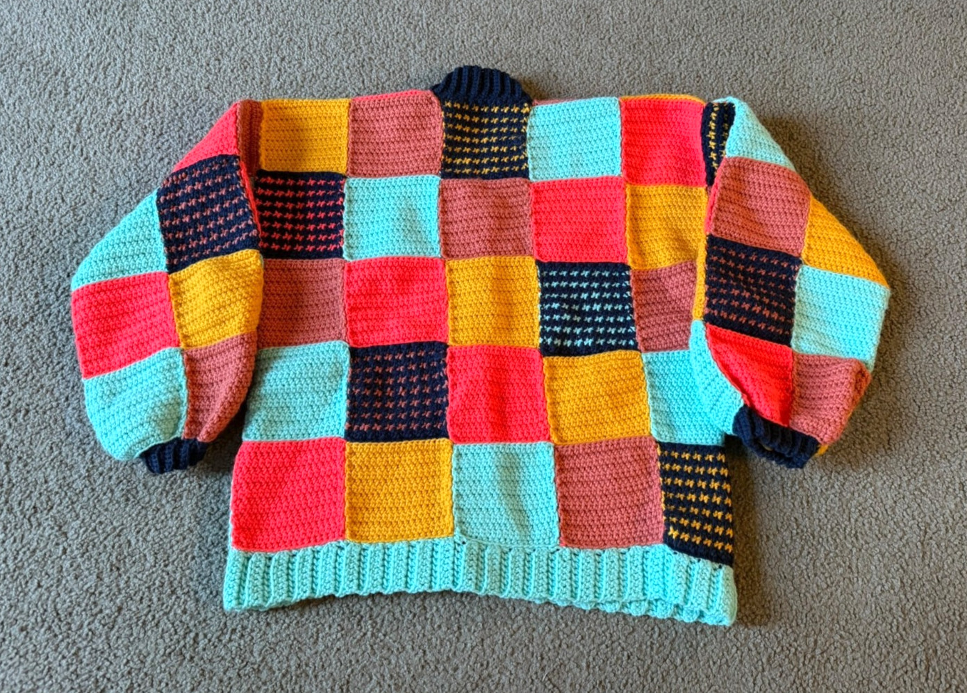 Hand Knit Patchwork Colorblock Crochet Cardigan S… - image 2