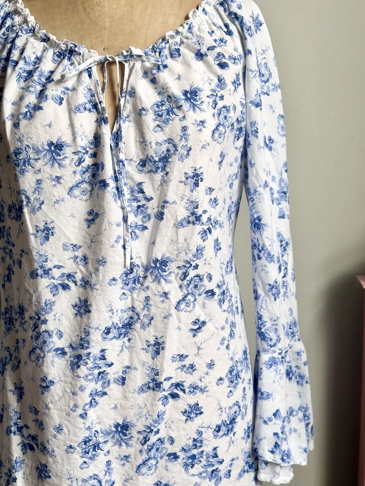 Camisón de algodón vintage Victoria's Secret floral azul boho festival manga campana L Foto 2 de 4