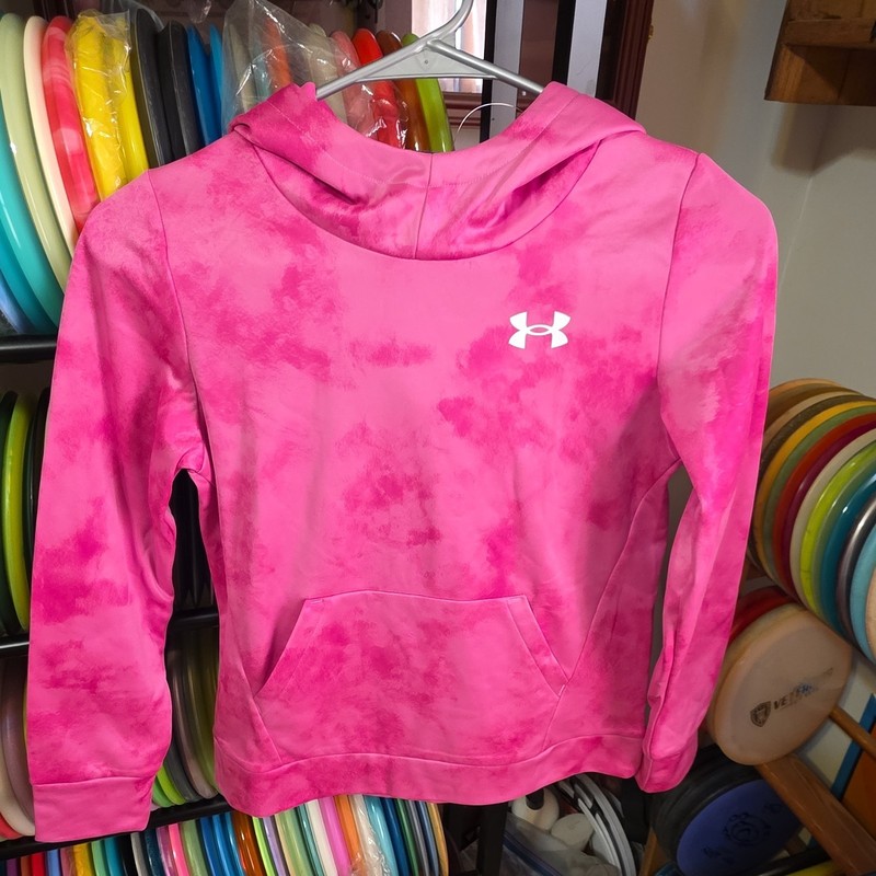 Under Armour Girls YM Pink Tie-Dye Fleece Pullover Hoodie Loose Fit Pockets