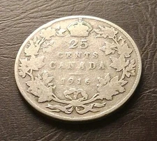 1916 Canada 25 Cents King George V Silver Quarter Coin 25 Cent
