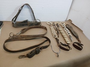 Antique Horse Harness & Tack Lot Leather Straps Chains Buckles Decorated Cuffs
