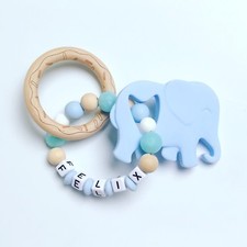 Gryzak pierścień chwytający silikon z imieniem pożądana nazwa słoń jasnoniebieski biały