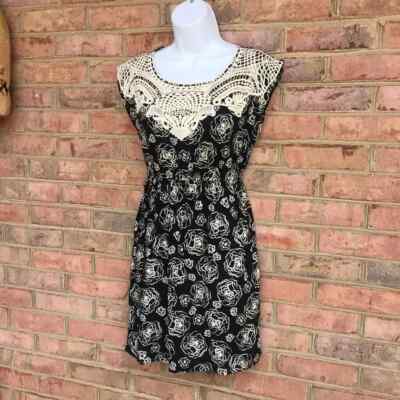 Short Black & Cream Print waist fitting, crochet collar Dress by Maude, Size S