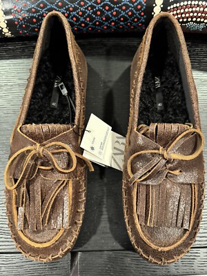 靴 zara brown vintage taste fringe loafer, ZARA BNWT 2024. SIZE 11 (42). REAL LEATHER FRINGE LOAFERS
