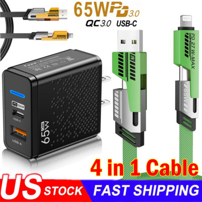 65W Fast Type C Wall Charger,4-In-1 Super Fast Cable For iPhone Samsung