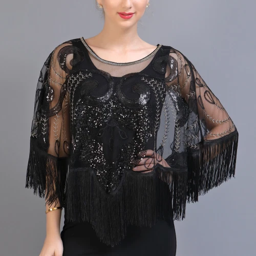 Sequin Tassel Cape 1920s Flapper Party Fringed Shawl Wraps EmbroideryShawl Scarf