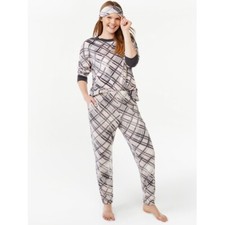 Joyspun Women's Velour Pajama Sleep Set Eye Mask-Silver Plaid-Medium 8/10 -NEW