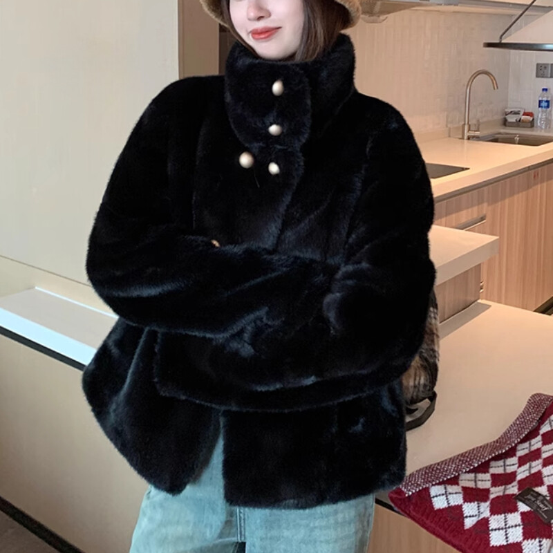 Lady Stand Collar Faux Fur Short Coat Button Warm Fluffy Winter