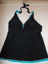 Womens Size L Black Tankini HalterTop with Turquoise Trim Removable Pads