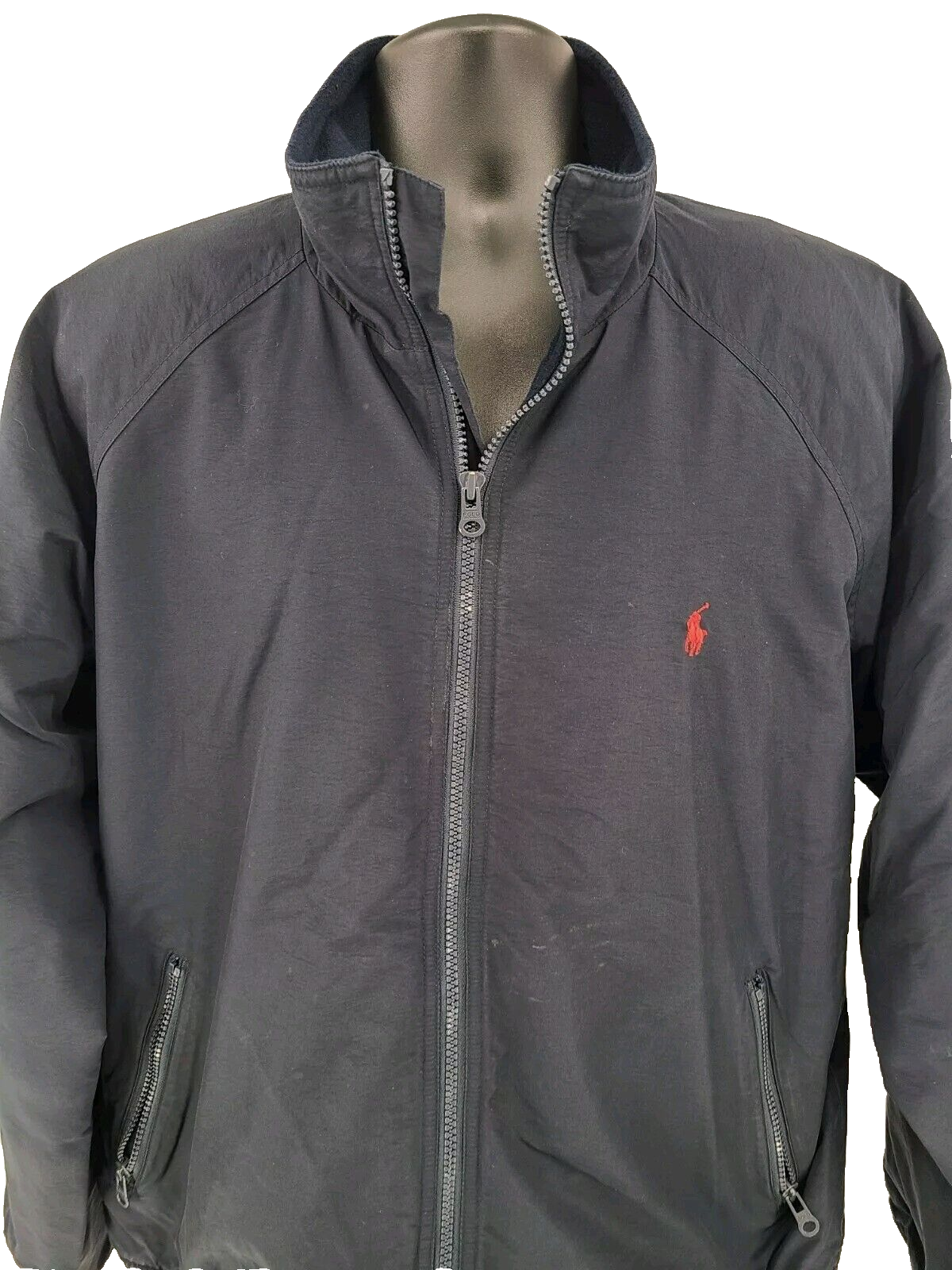 Giacca cappotto vintage Ralph Lauren XL nero foderato pile zip intera termica rosso pony uomo