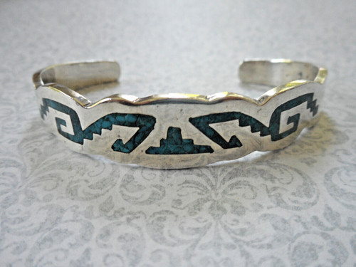 Vintage Sterling Taxco Mexico Inlaid Turquoise Mosaic Cuff Bracelet   49BA8