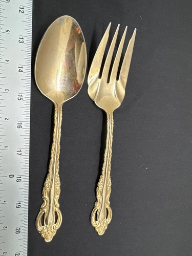 Vintage Wallace Golden Countess Baroque Serving Spoon & Fork Set 12.5" Stainless