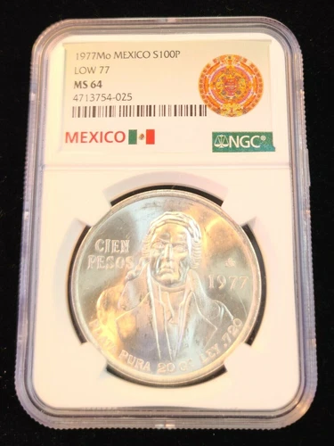 1977 MEXICO SILVER 100 PESOS S100P LOW 77 VARIETY NGC MS 64 FROSTY BU BEAUTY