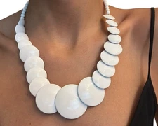 Vtg Statement Collar Necklace Oversized Round Flat Beads White Scalloped Retro