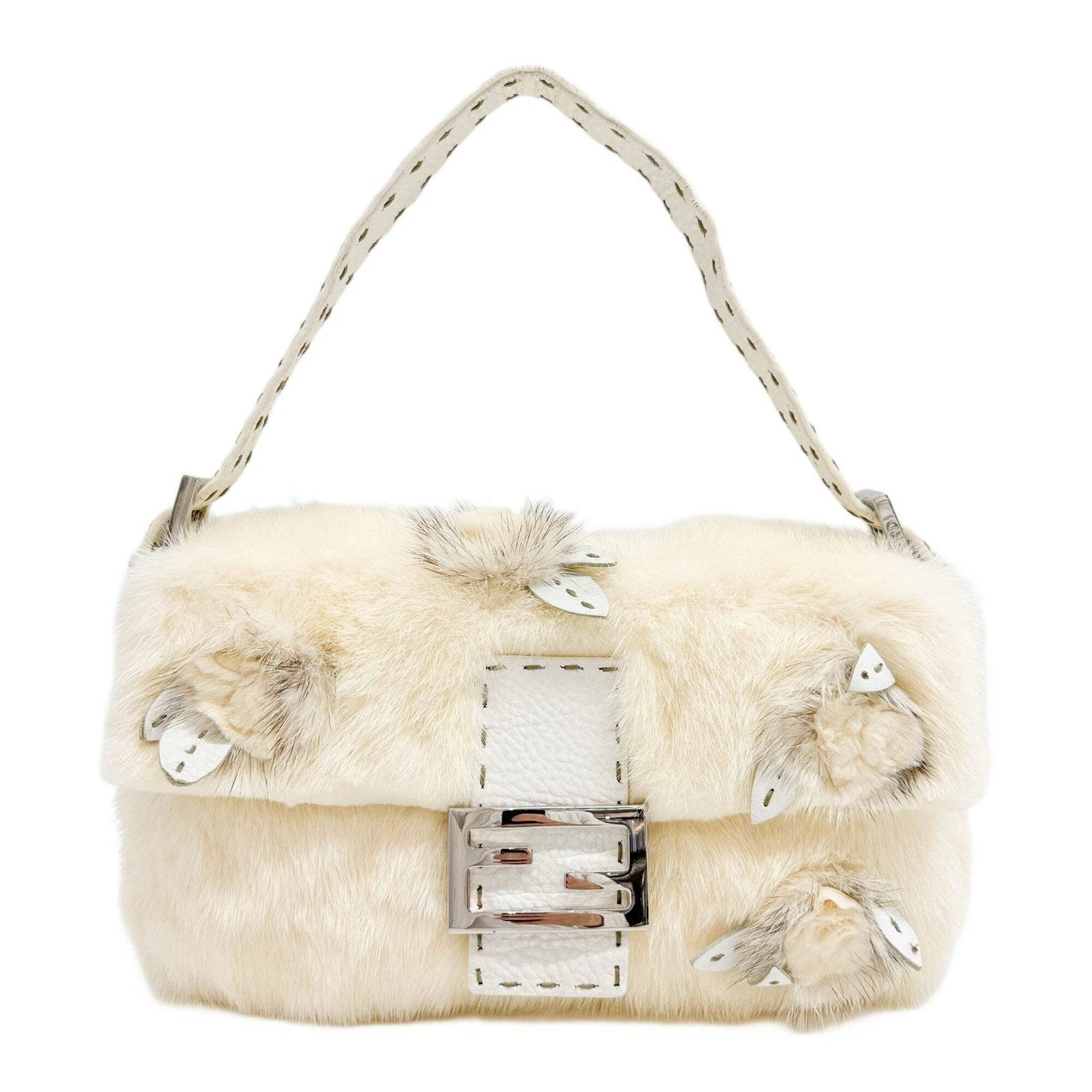 Fendi — FENDI Baguette Off-white Fur with Rose Details Shoulder Bag