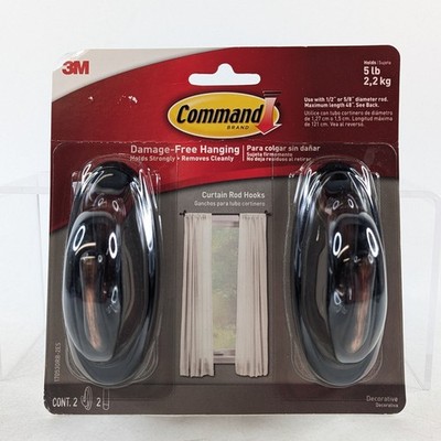 Command Curtain Rod Hooks Oil Rubbed Bronze 17053ORB-2ES, 2 Hooks + Strips - NEW