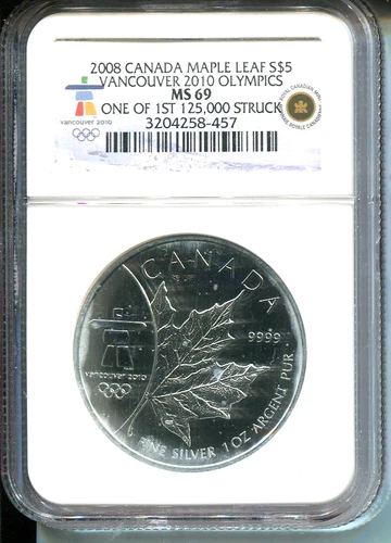 2008 CANADA MAPLE LEAF 1 Oz. S$5 SILVER VANCOUVER 2010 OLYMPICS NGC MS69 !!