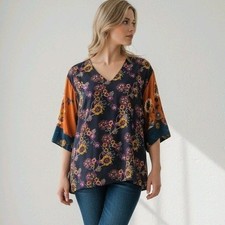 JOHNNY WAS WORKSHOP Floral Print V Neck Tunic Top Orange Teal Size S