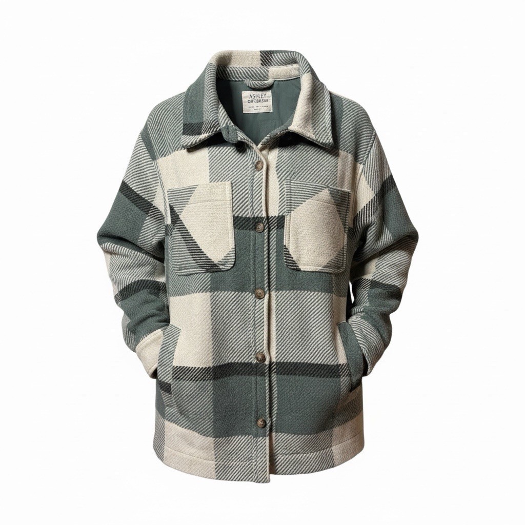 Ashley Outerwear Plaid Shacket Jacket Women’s L Green Cream Lined Button Up