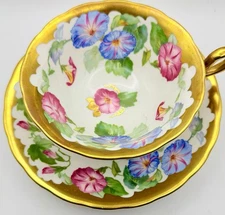Vintage Royal Chelsea Morning Glory Gold Very Wide Mouth Cup & Saucer; Teacup